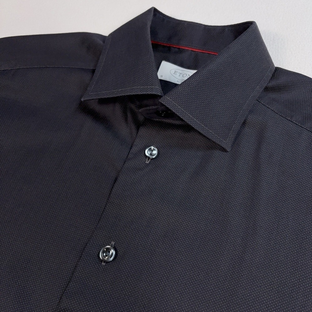Eton Warwick Dress Shirt Men's 15.5-39 Black Micro-Pattern Slim Cotton Button Up